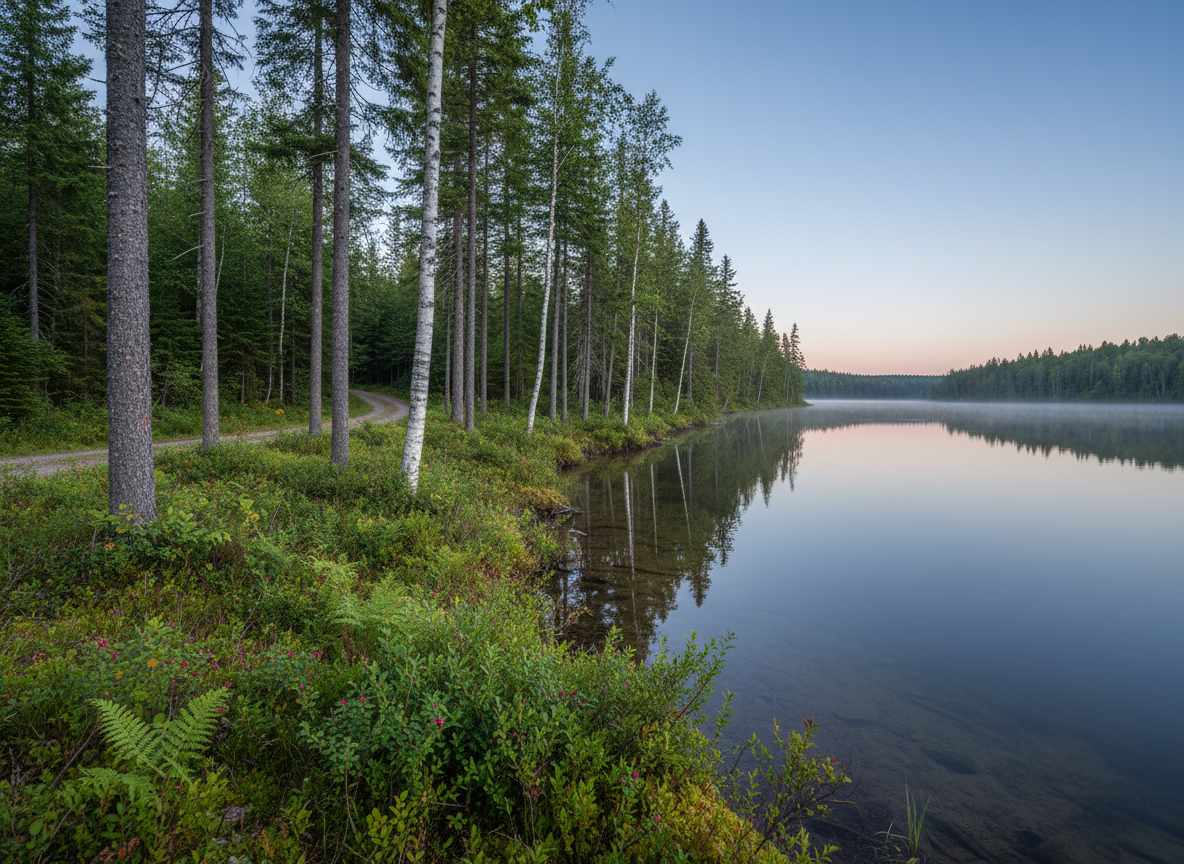A peaceful lakeshore forest edge at dawn, illustrating intact riparian protection. Tall, slender trunks of spruce, fir, and birch rise from a carpet of moss and low shrubs, their reflections mirrored in the still, glassy surface of a clear northern lake. A narrow, vegetated buffer zone between a barely visible forest track and the waterline demonstrates ecoforestry best practices. Cool, bluish early-morning light with a hint of pink on the horizon creates a tranquil, pristine mood, with slight mist hovering above the lake for atmosphere. Photographic realism, captured at eye level with a wide-angle lens, foreground plants in crisp focus and the opposite shore subtly softened. The composition is clean and modern, emphasizing the harmonious coexistence of forest management and water quality protection.