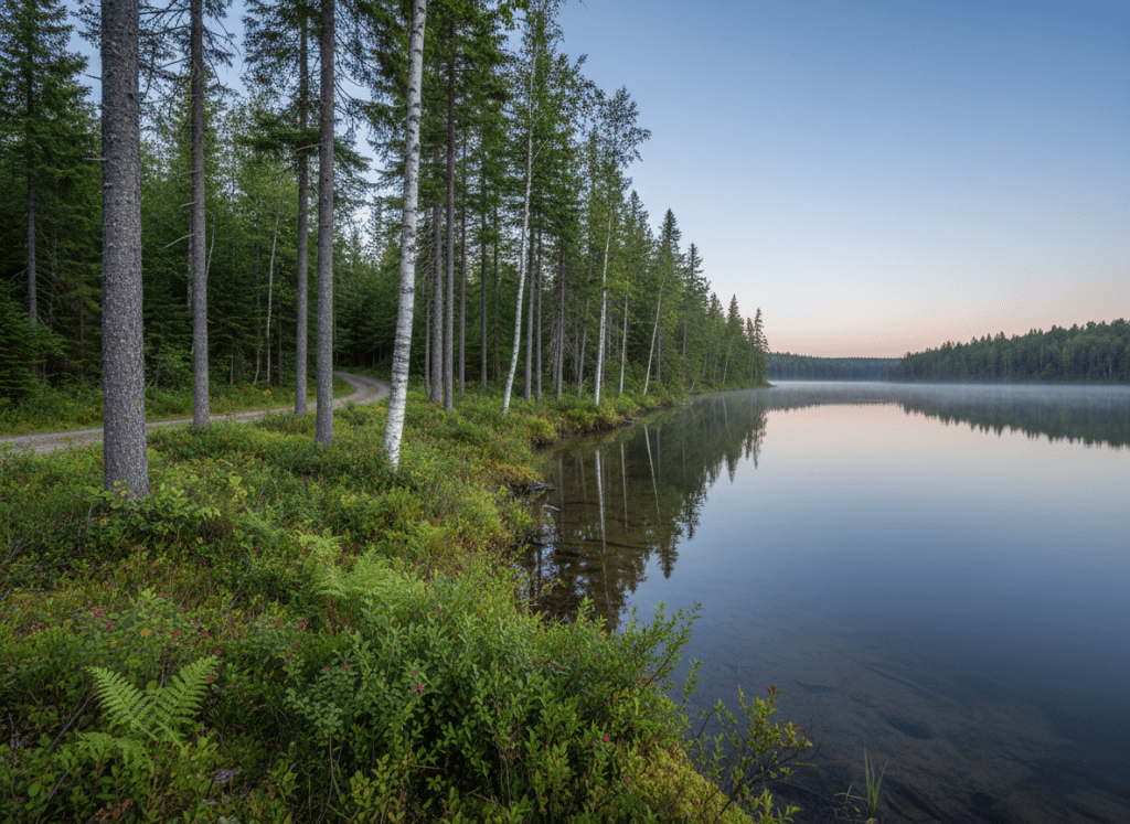 A peaceful lakeshore forest edge at dawn, illustrating intact riparian protection. Tall, slender trunks of spruce, fir, and birch rise from a carpet of moss and low shrubs, their reflections mirrored in the still, glassy surface of a clear northern lake. A narrow, vegetated buffer zone between a barely visible forest track and the waterline demonstrates ecoforestry best practices. Cool, bluish early-morning light with a hint of pink on the horizon creates a tranquil, pristine mood, with slight mist hovering above the lake for atmosphere. Photographic realism, captured at eye level with a wide-angle lens, foreground plants in crisp focus and the opposite shore subtly softened. The composition is clean and modern, emphasizing the harmonious coexistence of forest management and water quality protection.