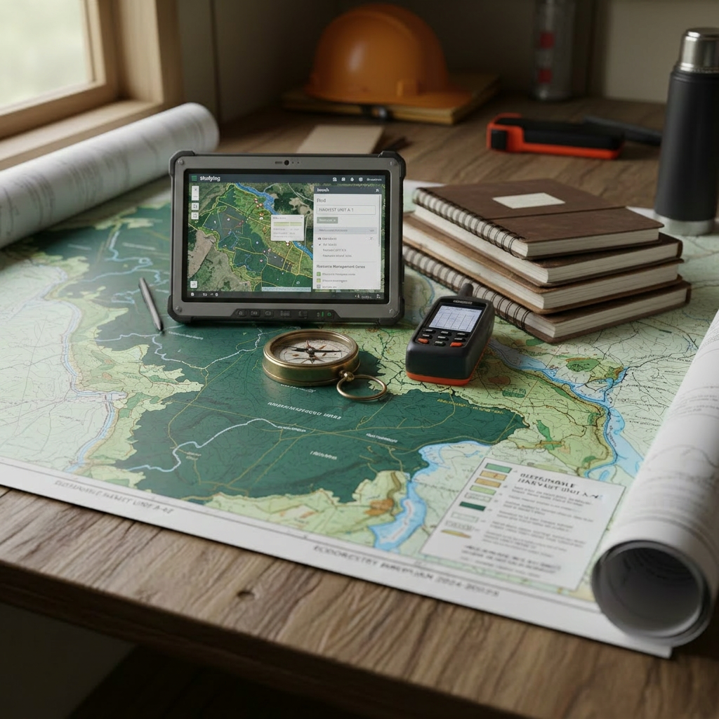 A detailed close-up of a forest management map spread across a rustic wooden table in a small, orderly field office. The map shows contour lines, color-coded forest stands, and clearly delineated conservation buffers along streams. A sturdy metal compass, a rugged GPS device, and neatly stacked field notebooks with weathered covers rest on the table, their textures sharply rendered in photographic realism. Soft overcast daylight filters through a nearby window, creating diffused, shadowless illumination that highlights the precision of the cartography. The mood is methodical and trustworthy, suggesting professional planning for sustainable forest use. Shot from a slightly elevated angle with shallow depth of field, the central portion of the map is in crisp focus while the edges fall into a gentle blur, subtly guiding attention to the ecoforestry layout.