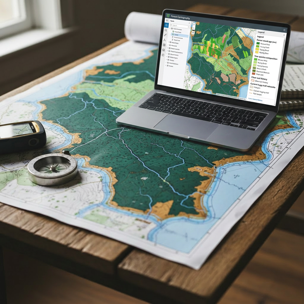 A detailed close-up of a forest management map spread across a rustic wooden table in a small, orderly field office. The map shows contour lines, color-coded forest stands, and clearly delineated conservation buffers along streams. A sturdy metal compass, a rugged GPS device, and neatly stacked field notebooks with weathered covers rest on the table, their textures sharply rendered in photographic realism. Soft overcast daylight filters through a nearby window, creating diffused, shadowless illumination that highlights the precision of the cartography. The mood is methodical and trustworthy, suggesting professional planning for sustainable forest use. Shot from a slightly elevated angle with shallow depth of field, the central portion of the map is in crisp focus while the edges fall into a gentle blur, subtly guiding attention to the ecoforestry layout.